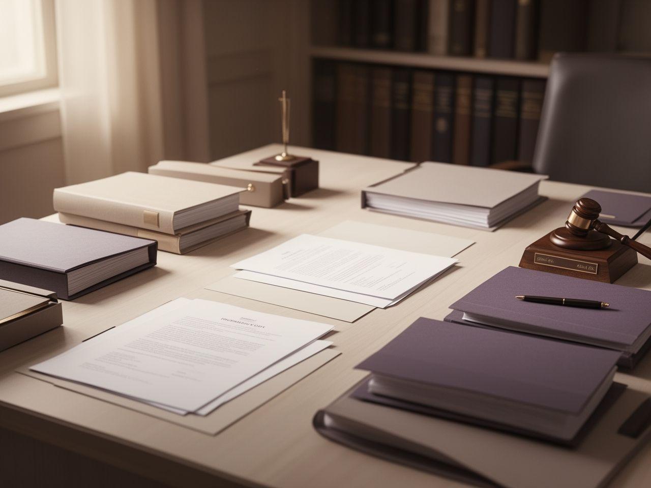 Sala jurídica elegante con documentación ordenada y luz natural sobre una mesa de trabajo en Madrid