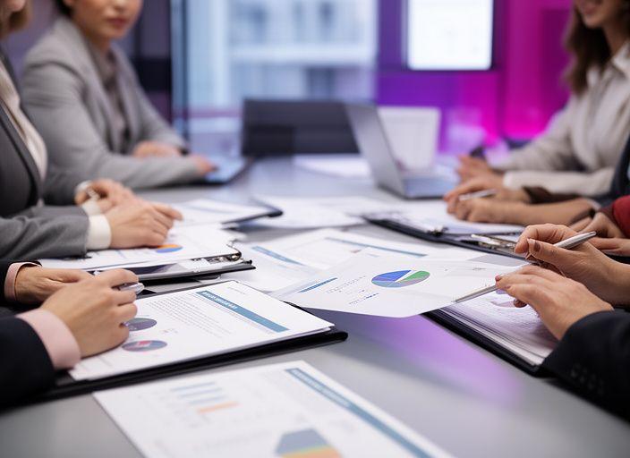 Equipo directivo de una pyme en una sala de reuniones revisando un plan de compliance con gráficos y carpetas legales