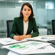 Abogado junior en una mesa de trabajo con planos y documentación ambiental, en un despacho moderno de Madrid