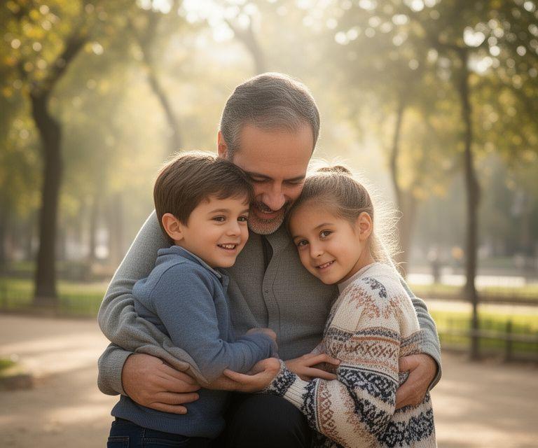 Padre abrazando a sus dos hijos en un parque de Madrid tras una resolución familiar favorable