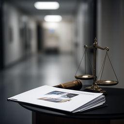Pasillo de juzgados con una carpeta de defensa penal y una balanza decorativa en una mesa lateral
