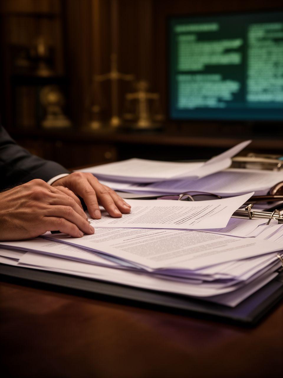 Abogada revisando una reforma penal sobre una mesa de madera con código, notas subrayadas y una pantalla con documentos en Madrid